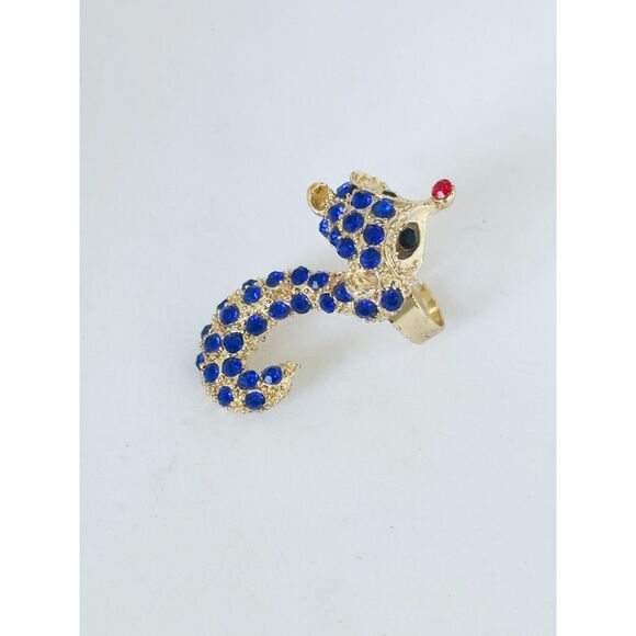 Fox Tail Climbing Ring Adjustable Gold Tone Blue Rhinestone - Picture 2 of 5